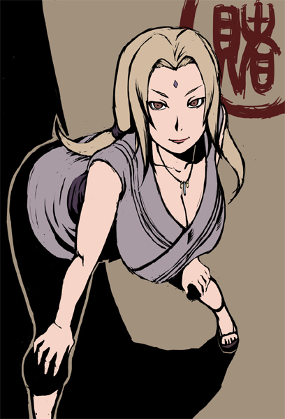 tianzhong zhongtian, tsunade (naruto), naruto (classic), naruto (series), 1girl, bent over, blonde hair, breasts, cleavage, facial mark, female focus, forehead mark, hands on own knees, huge breasts, jewelry, large breasts, long hair, mature female, necklace, solo