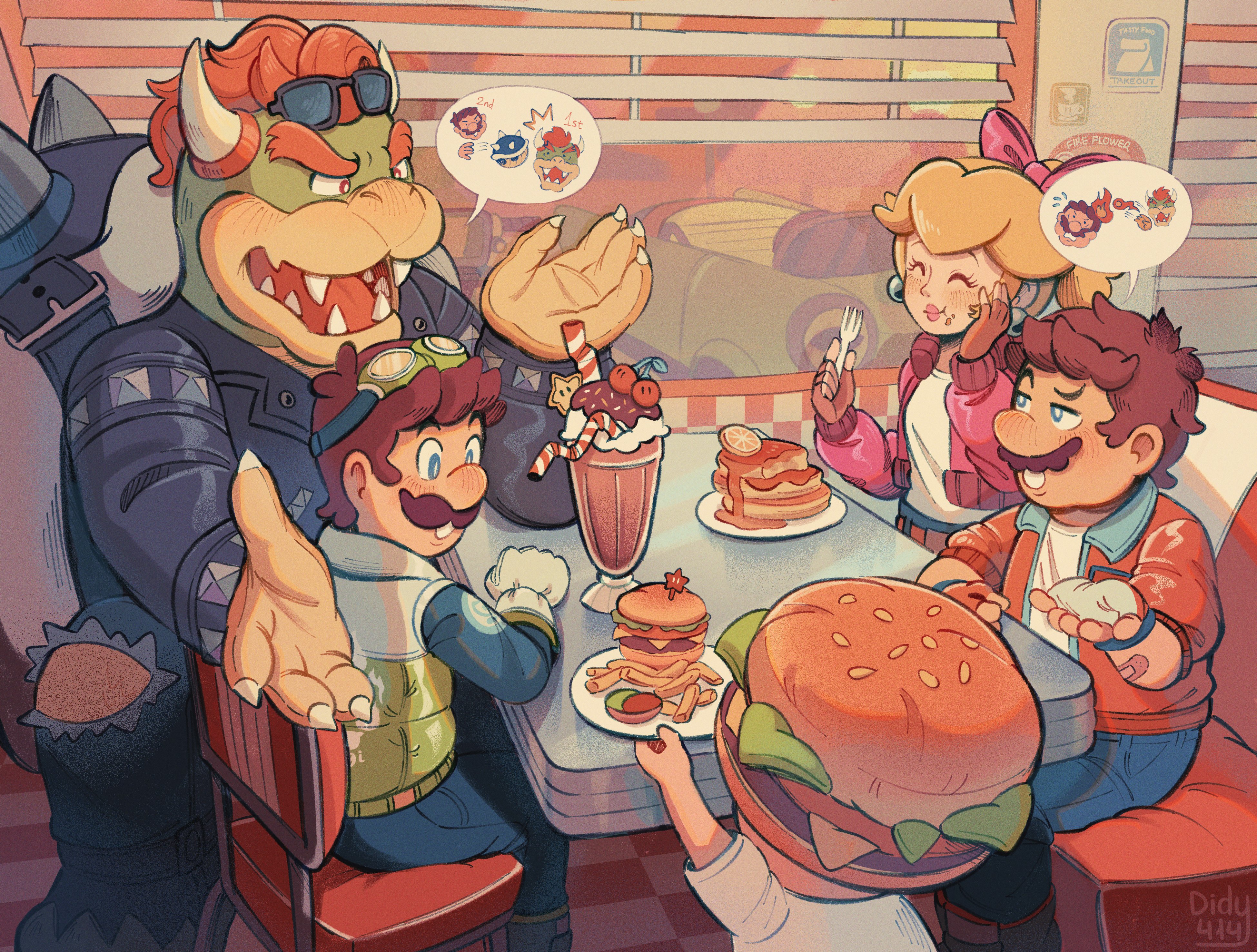 didy414, bowser, luigi, mario, princess peach, toad (mario), mario (series), mario kart, mario kart world, nintendo, absurdres, commentary, english commentary, highres, 1girl, 1other, 3boys, artist name, bow, brown hair, burger, burger costume, claws, diner, eating, food, french fries, goggles, goggles on head, hair bow, milkshake, multiple boys, official alternate costume, pancake, pancake stack, red hair, sitting, speech bubble, spiked shell