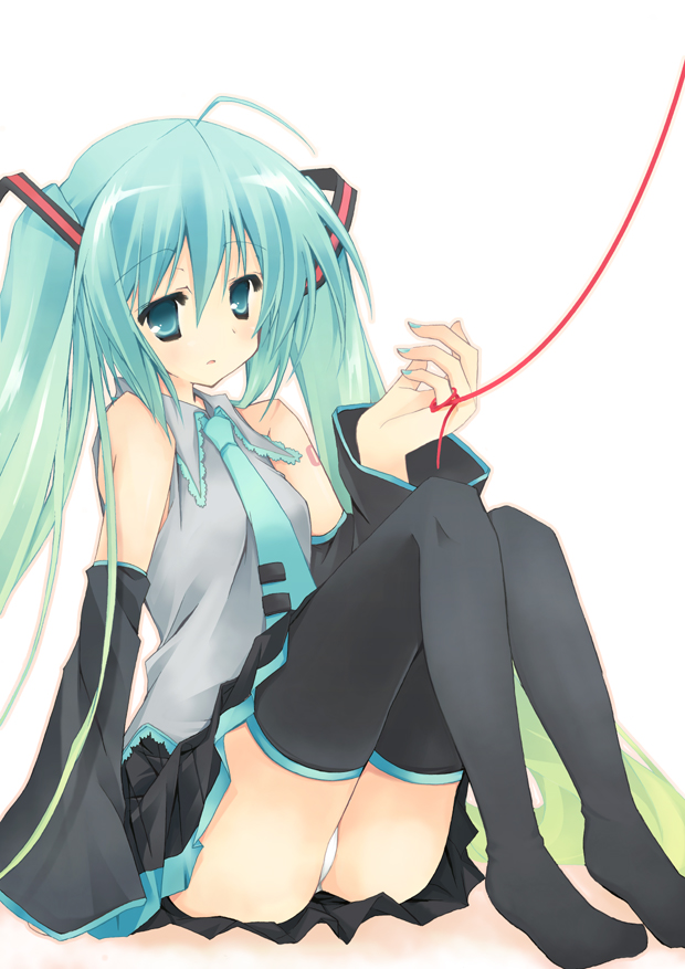 purinpurin, hatsune miku, vocaloid, bad id, bad pixiv id, 1girl, female focus, solo, string, string of fate, thighhighs
