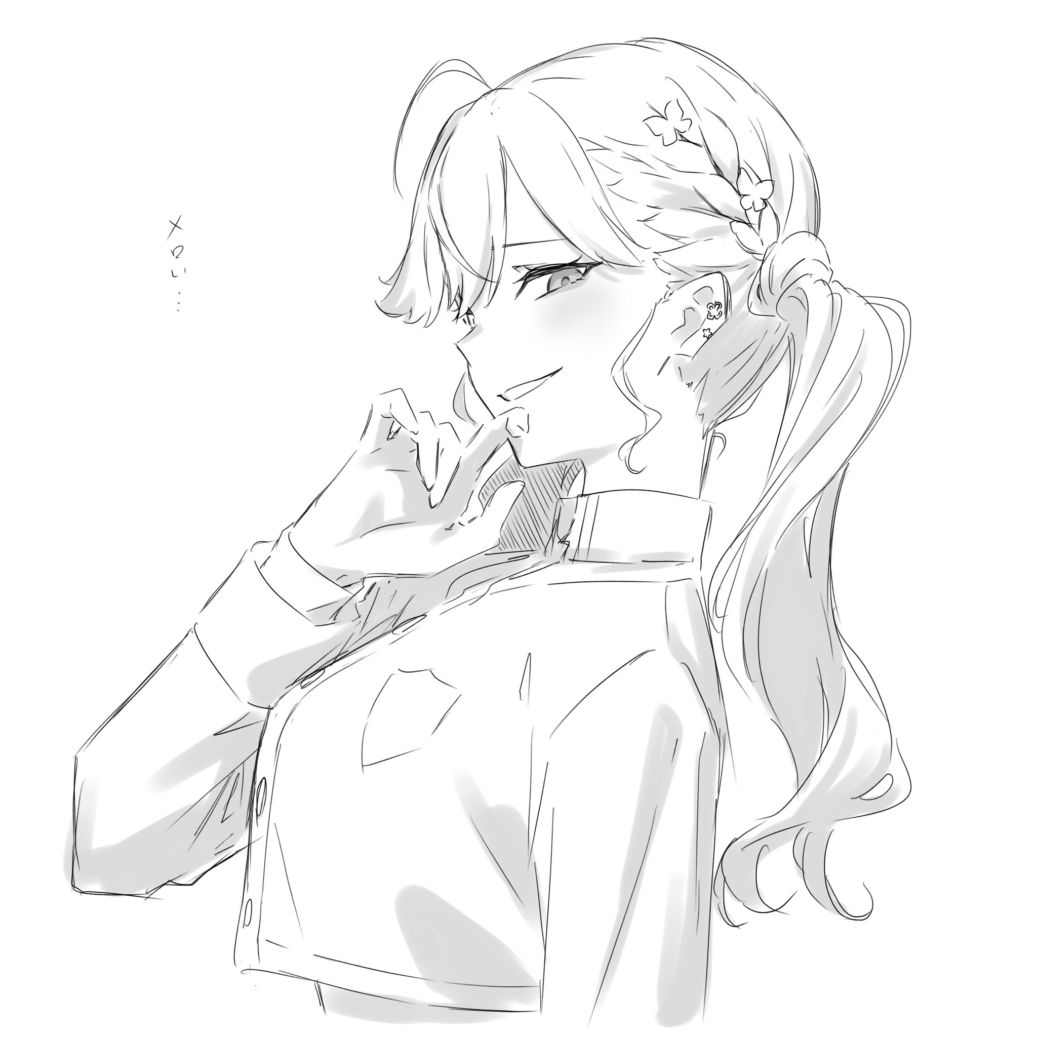 kanade (kanade 3344), kaya rinha, gakuen idolmaster, idolmaster, highres, 1girl, braid, ear piercing, greyscale, hand up, long hair, long sleeves, monochrome, open mouth, piercing, simple background, solo, twintails, upper body, white background