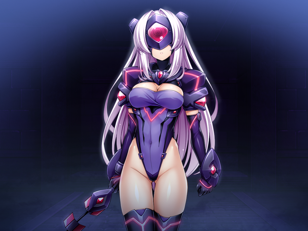 inoino, katsuragi marina, kouyoku senki exs-tia, game cg, non-web source, official art, variant set, 1girl, android, armor, black gloves, black thighhighs, breasts, cleavage, cleavage cutout, closed mouth, clothing cutout, covered eyes, covered navel, cowboy shot, elbow gloves, expressionless, exs-slave, exs-slave alpha, facing viewer, gloves, gluteal fold, groin, hair intakes, head-mounted display, headgear, highleg, highleg leotard, holding, holding sword, holding weapon, large breasts, leotard, long hair, pauldrons, purple gloves, purple leotard, shoulder armor, solo, standing, sword, thigh gap, thighhighs, thighs, vambraces, very long hair, weapon, whip sword, white hair