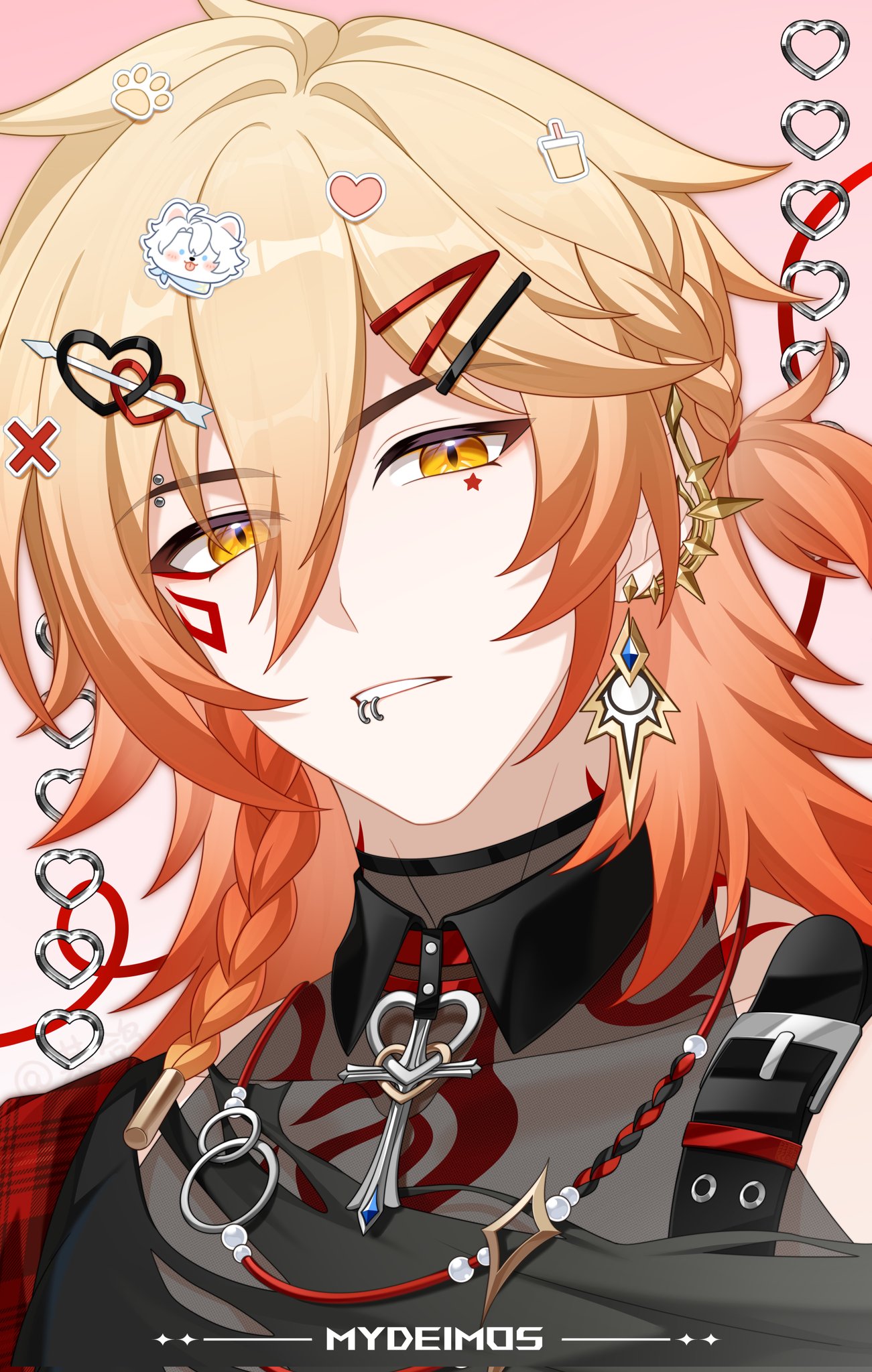 jigebuge, mydei (honkai: star rail), honkai: star rail, honkai (series), commentary, highres, 1boy, arrow hair ornament, black shirt, blonde hair, braid, character name, ear piercing, earrings, eyebrow piercing, face piercing, facial tattoo, gold earrings, gradient hair, hair between eyes, hair ornament, hairpin, heart, heart hair ornament, jewelry, lip piercing, male focus, medium hair, multicolored hair, parted lips, piercing, red hair, red tattoo, shirt, side braid, solo, tattoo, torn clothes, torn shirt, x hair ornament, yellow eyes
