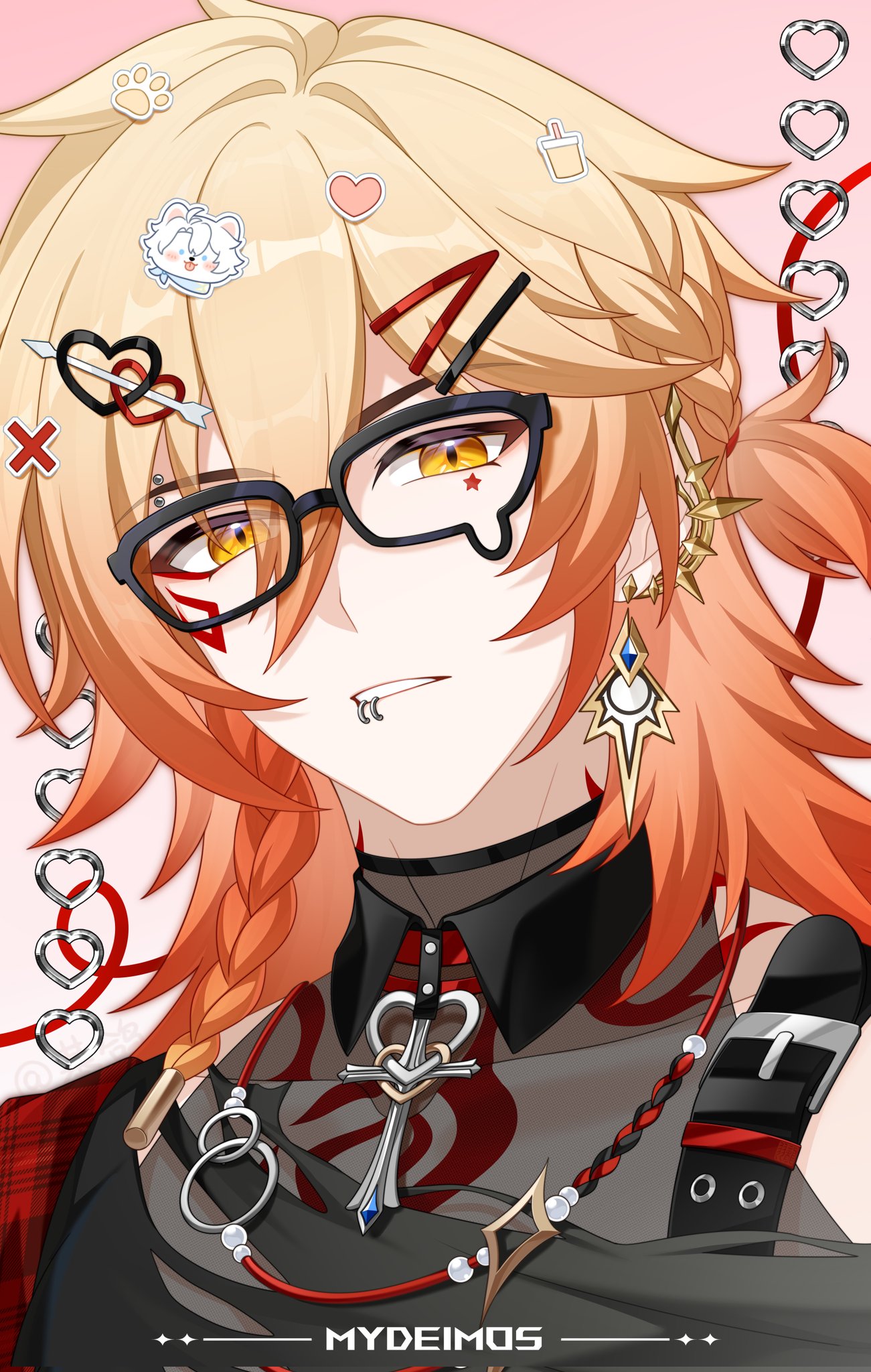 jigebuge, mydei (honkai: star rail), honkai: star rail, honkai (series), commentary, highres, 1boy, arrow hair ornament, black shirt, blonde hair, braid, character name, ear piercing, earrings, eyebrow piercing, face piercing, facial tattoo, glasses, gold earrings, gradient hair, hair between eyes, hair ornament, hairpin, heart, heart hair ornament, jewelry, lip piercing, male focus, medium hair, multicolored hair, parted lips, piercing, red hair, red tattoo, shirt, side braid, solo, tattoo, torn clothes, torn shirt, x hair ornament, yellow eyes