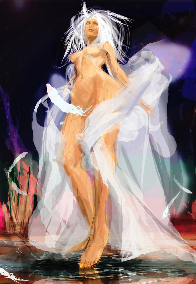 autoreverse, pixiv fantasia, pixiv fantasia 1, bad id, bad pixiv id, 1girl, barefoot, feathers, feet, female focus, nude, solo, white hair