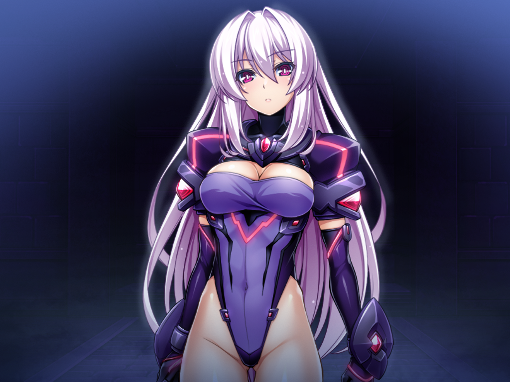 inoino, katsuragi marina, kouyoku senki exs-tia, game cg, non-web source, official art, variant set, 1girl, armor, arms at sides, black gloves, bracer, breasts, bright pupils, cleavage, cleavage cutout, closed mouth, clothing cutout, covered navel, cowboy shot, elbow gloves, expressionless, exs-slave, exs-slave alpha, faulds, frown, gem, gloves, glowing, gluteal fold, gorget, groin, hair between eyes, head tilt, highleg, highleg leotard, indoors, large breasts, leotard, long hair, looking at viewer, neon trim, night, pauldrons, purple eyes, purple gloves, purple leotard, shoulder armor, shoulder pads, sidelocks, skin tight, solo, standing, thigh gap, turtleneck, vambraces, very long hair, white hair, white pupils