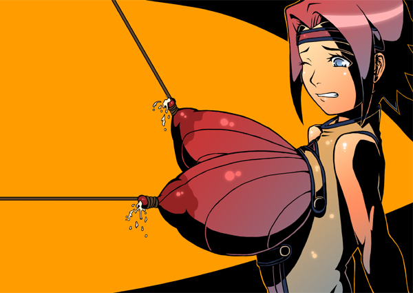 tianzhong zhongtian, kouzuki kallen, code geass, bad id, bad pixiv id, 00s, 1girl, bdsm, breast bondage, breasts, female focus, huge breasts, lactation, lactation through clothes, nipple pull, nipple stimulation, nipple torture, nipples, orange background, simple background, solo, spiked hair, standing, stick nipples