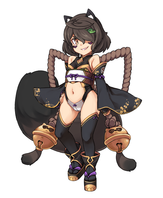 jingai modoki, mon-musu quest!, mon-musu quest: paradox, official art, animal ears, bell, black tanuki (mon-musu quest!), black thighhighs, bob cut, brown eyes, brown hair, clothing cutout, detached sleeves, facial mark, flat chest, full body, hair bell, hair ornament, hair over one eye, japanese clothes, leaf hair ornament, navel, obi, platform sandals, raccoon ears, raccoon girl, raccoon tail, rope, sandals, sash, shimenawa, smirk, tail, thighhighs, transparent background