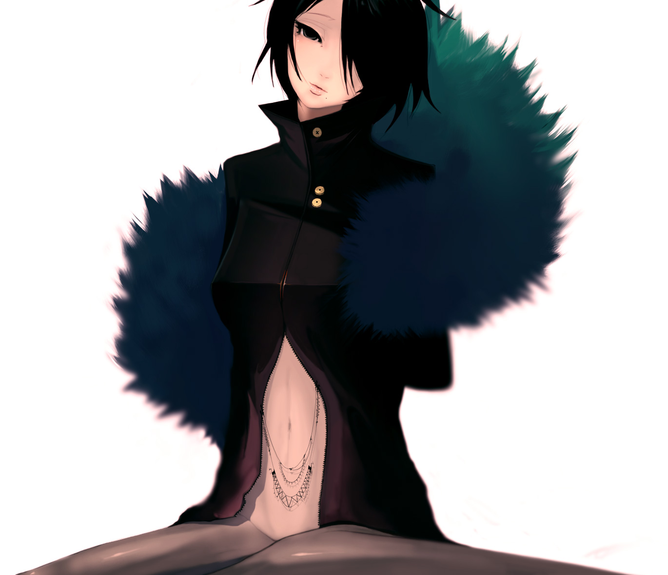 dskb, original, 1girl, black eyes, black hair, female focus, hair over one eye, lips, midriff, mole, mole under mouth, navel, sitting, solo, zipper