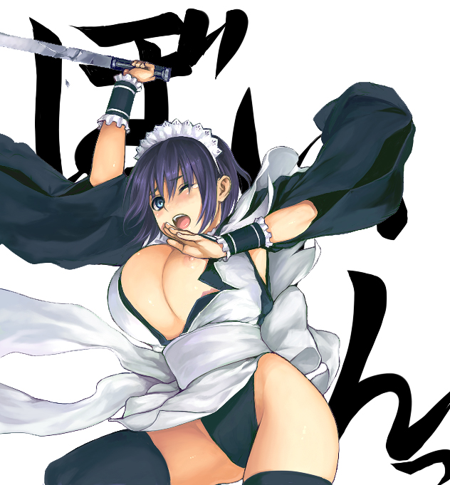 yuzuriha (active homing), iroha (samurai spirits), samurai spirits, snk, bad id, bad pixiv id, 1girl, blue eyes, blush, breasts, cleavage, female focus, hairband, holding, holding weapon, huge breasts, jumping, leotard, leotard under clothes, maid, maid headdress, moaning, nipple slip, nipples, open mouth, short hair, solo, strapless, strapless leotard, tears, thighhighs, thong leotard, weapon, wide hips