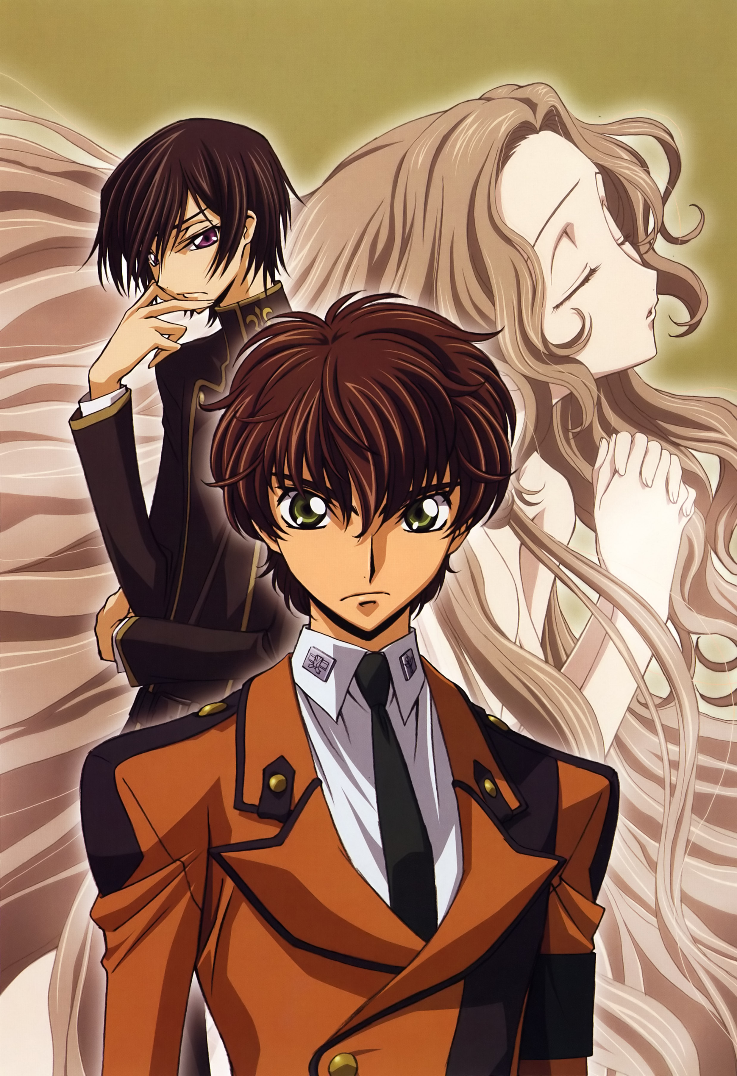 kururugi suzaku, lelouch vi britannia, nunnally vi britannia, code geass, absurdres, highres, scan, 00s, 1girl, 2boys, brother and sister, multiple boys, siblings