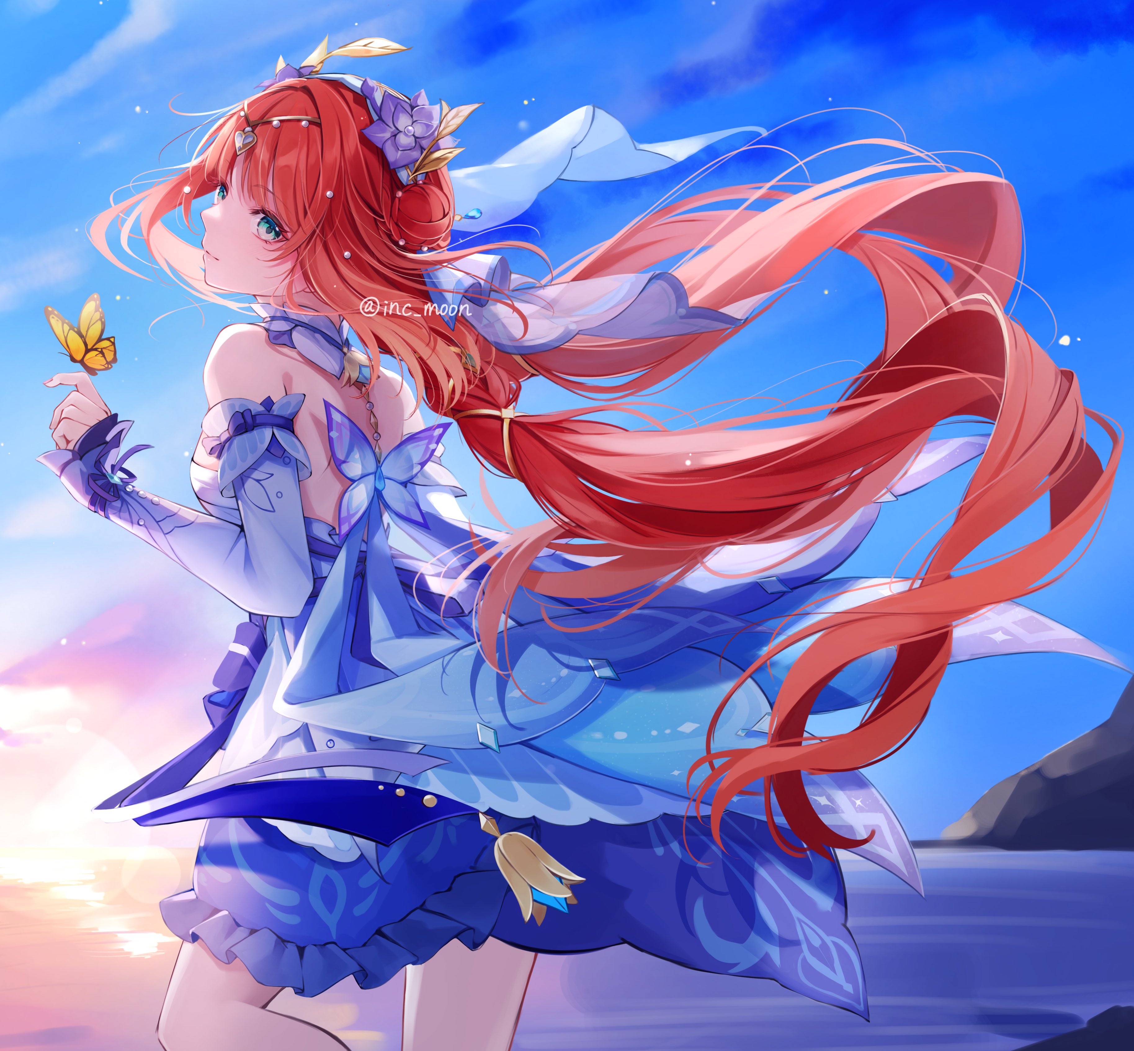 ryuna (inc moon), nilou (breeze of sabaa) (genshin impact), nilou (genshin impact), genshin impact, absurdres, commentary request, highres, 1girl, aqua eyes, bare shoulders, blue dress, blue ribbon, blue sky, blue sleeves, bug, butterfly, circlet, closed mouth, detached sleeves, dress, flower, from side, hair bun, hair flower, hair ornament, hand up, insect, long hair, long sleeves, looking at viewer, looking to the side, outdoors, purple flower, red hair, ribbon, sky, sleeveless, sleeveless dress, solo, very long hair, water, yellow butterfly