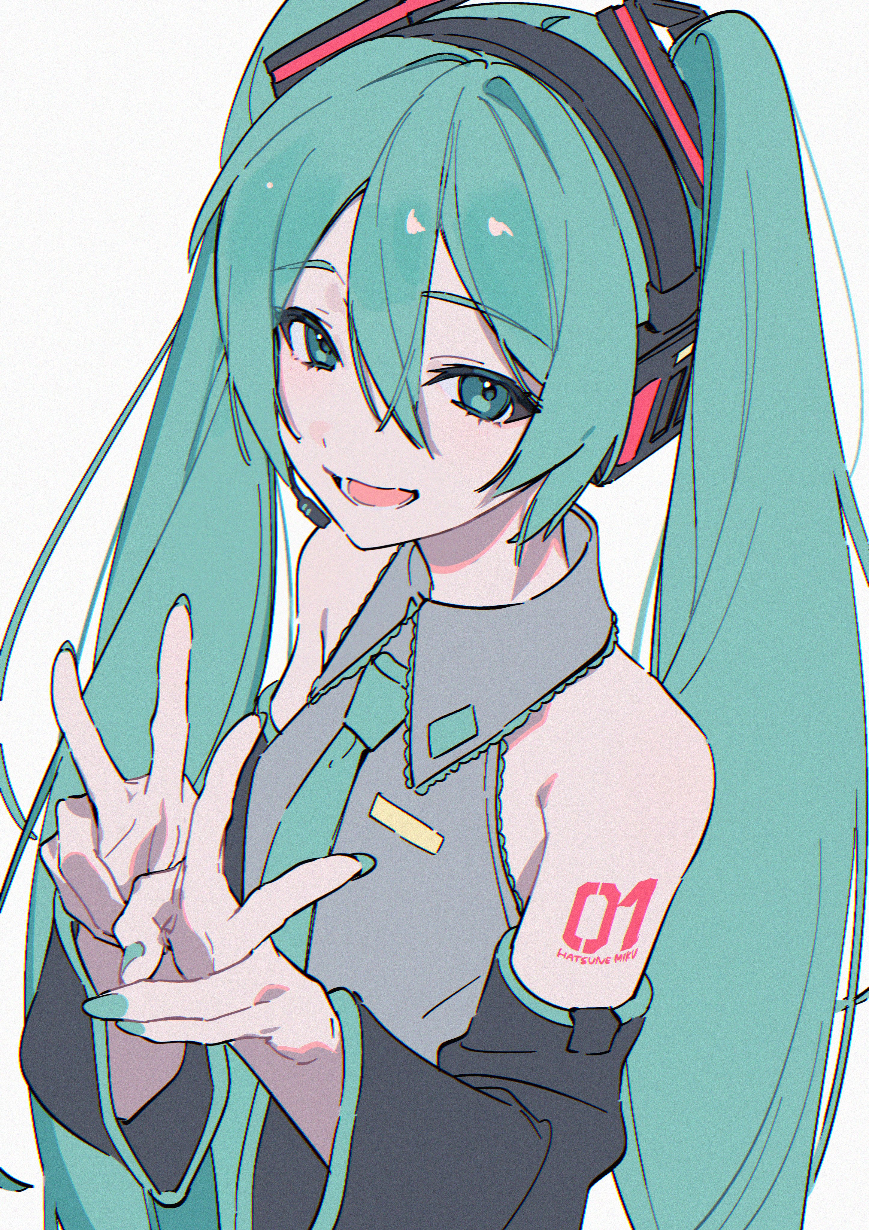 ritao kamo, hatsune miku, vocaloid, absurdres, commentary, highres, 1girl, arm tattoo, black sleeves, character name, collared shirt, detached sleeves, double v, green eyes, green hair, green nails, green necktie, grey shirt, headphones, looking at viewer, lower teeth only, microphone, necktie, number tattoo, open mouth, shirt, simple background, smile, solo, tattoo, teeth, twintails, v, white background