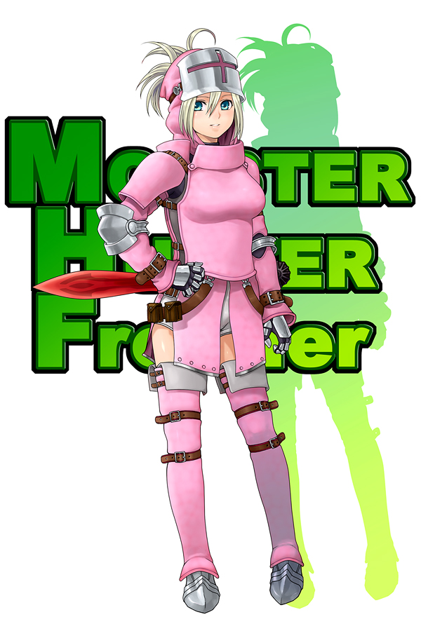 yuzuriha (active homing), capcom, monster hunter (series), monster hunter frontier, bad id, bad pixiv id, 1girl, aqua eyes, armor, belt, blonde hair, blue eyes, boots, female focus, gauntlets, hand on own hip, helmet, khezu (armor), multiple belts, pink boots, pteruges, solo, sword, thigh strap, thighhighs, weapon