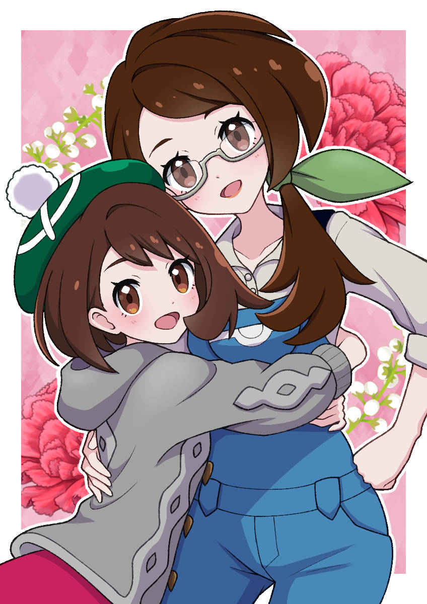 yuu (jgvj7873), galar mother, gloria (pokemon), nintendo, pokemon, pokemon swsh, commentary, highres, 2girls, :d, affectionate, blue overalls, brown eyes, brown hair, buttons, cable knit, cardigan, collared shirt, flower, glasses, green hat, grey cardigan, hair over shoulder, hand on another's back, hand on own hip, happy, hat, hood, hood down, hooded cardigan, hug, looking at viewer, mother and daughter, multiple girls, open mouth, outline, overalls, ponytail, shirt, smile, tam o' shanter, tongue