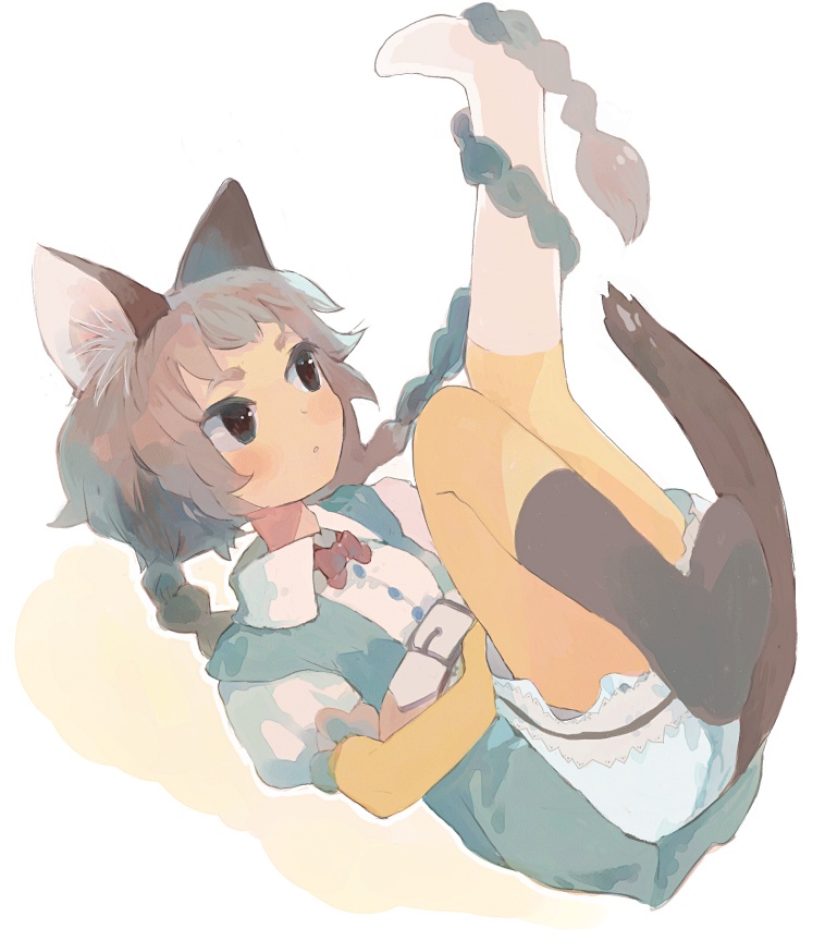 sakana45, bad id, bad pixiv id, animal ears, belt, braid, cat ears, cat tail, solo, tail, twin braids