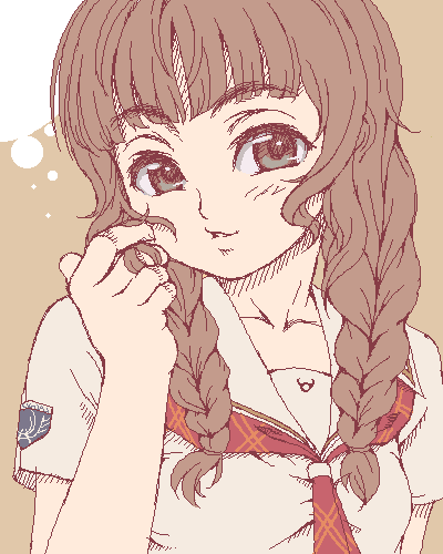 kasanui, mizusawa mao, kimi kiss, bad id, bad pixiv id, lowres, blouse, braid, brown hair, head tilt, neckerchief, red neckerchief, school uniform, serafuku, shirt, solo, twin braids, white shirt