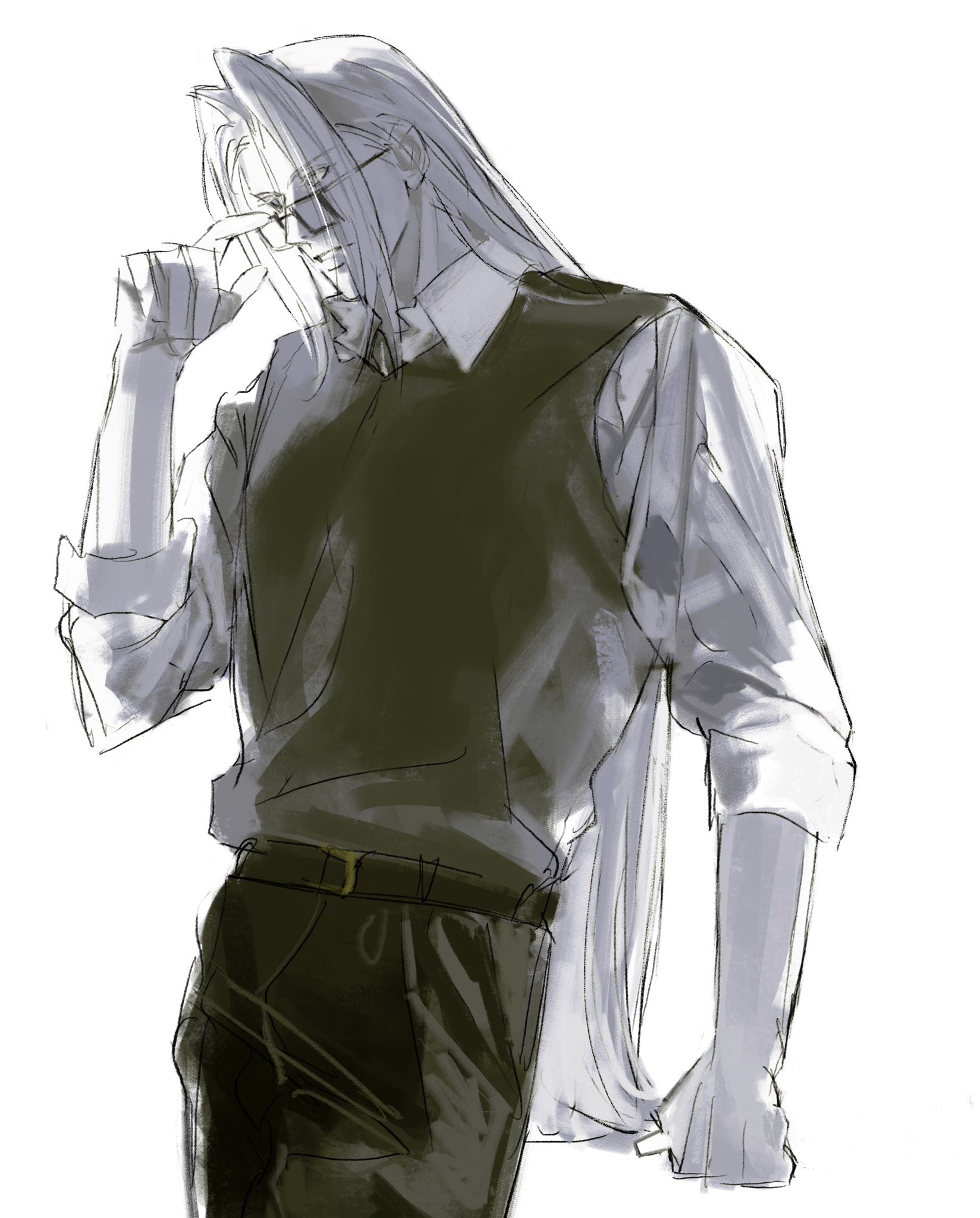xscr1205, sephiroth, final fantasy, final fantasy vii, commentary, english commentary, highres, 1boy, adjusting eyewear, alternate costume, alternate universe, belt, collared shirt, cowboy shot, glasses, hand up, limited palette, long bangs, long hair, looking to the side, male focus, pants, parted bangs, parted lips, shirt, sketch, sleeves rolled up, solo, sweater vest, teacher, upper body, very long hair, white background, white shirt, wing collar