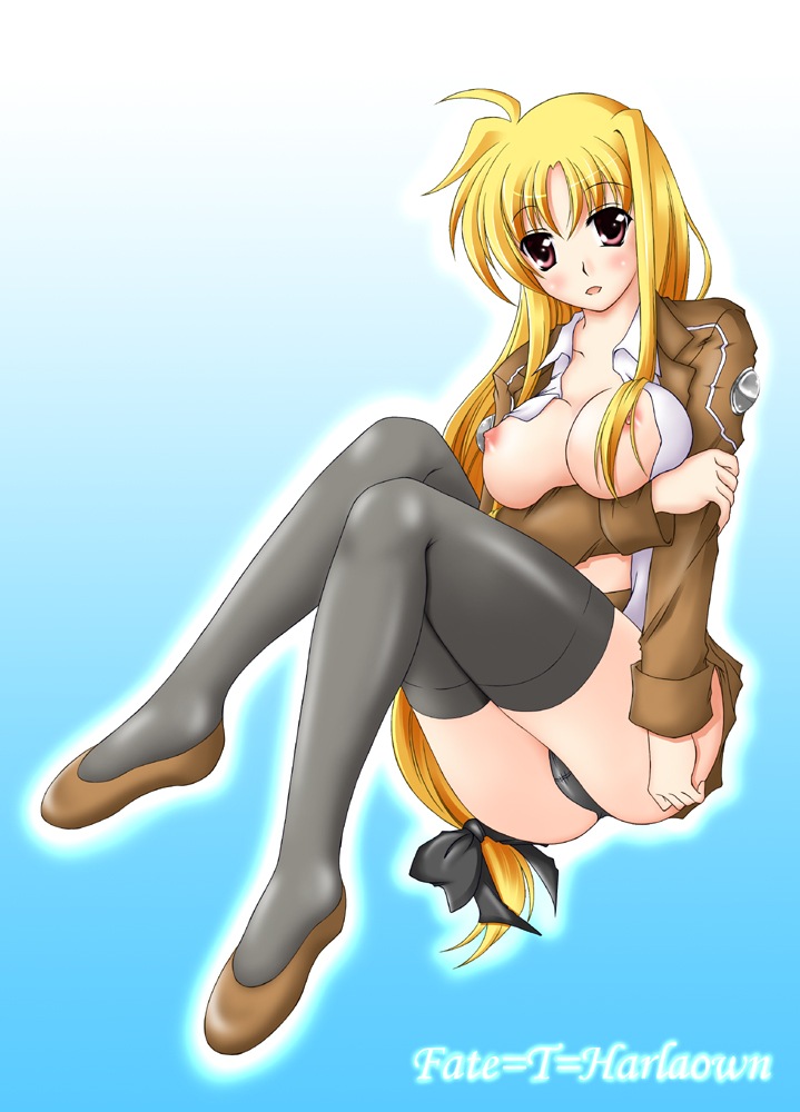sakura yuu, fate testarossa, lyrical nanoha, mahou shoujo lyrical nanoha, mahou shoujo lyrical nanoha strikers, 00s, 1girl, blonde hair, blush, breasts, character name, cleavage, female focus, large breasts, long hair, low-tied long hair, nipples, open clothes, open shirt, panties, pantyshot, red eyes, shirt, solo, thighhighs, underwear, very long hair