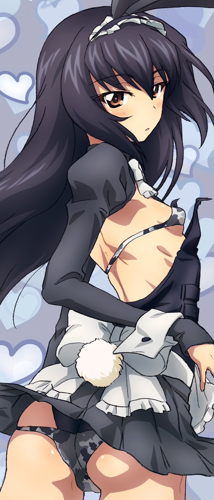 erakin, reizei mako, girls und panzer, highres, 1girl, animal ears, ass, bikini, black hair, breasts, camouflage, camouflage bikini, juliet sleeves, leotard, long hair, long sleeves, micro bikini, oversized breast cup, playboy bunny, puffy sleeves, rabbit ears, rabbit tail, shrug (clothing), small breasts, swimsuit, tail