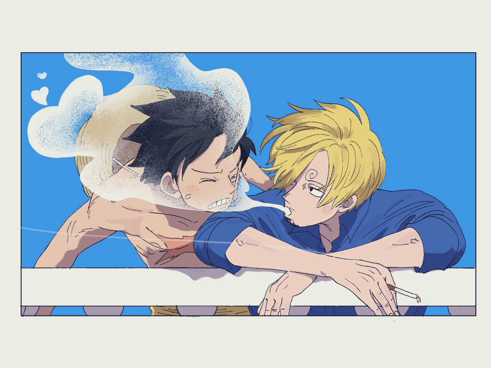 u uown, monkey d. luffy, sanji (one piece), one piece, commentary request, highres, 2boys, black hair, blonde hair, blowing smoke, blue shirt, blue sky, cigarette, clenched teeth, closed eyes, collared shirt, curly eyebrows, facial hair, goatee, hat, heart, holding, holding cigarette, male focus, multiple boys, open collar, parted hair, railing, scar, scar on chest, shirt, short hair, short sleeves, sky, smoke, smoking, straw hat, sweatdrop, teeth, topless male, unworn headwear