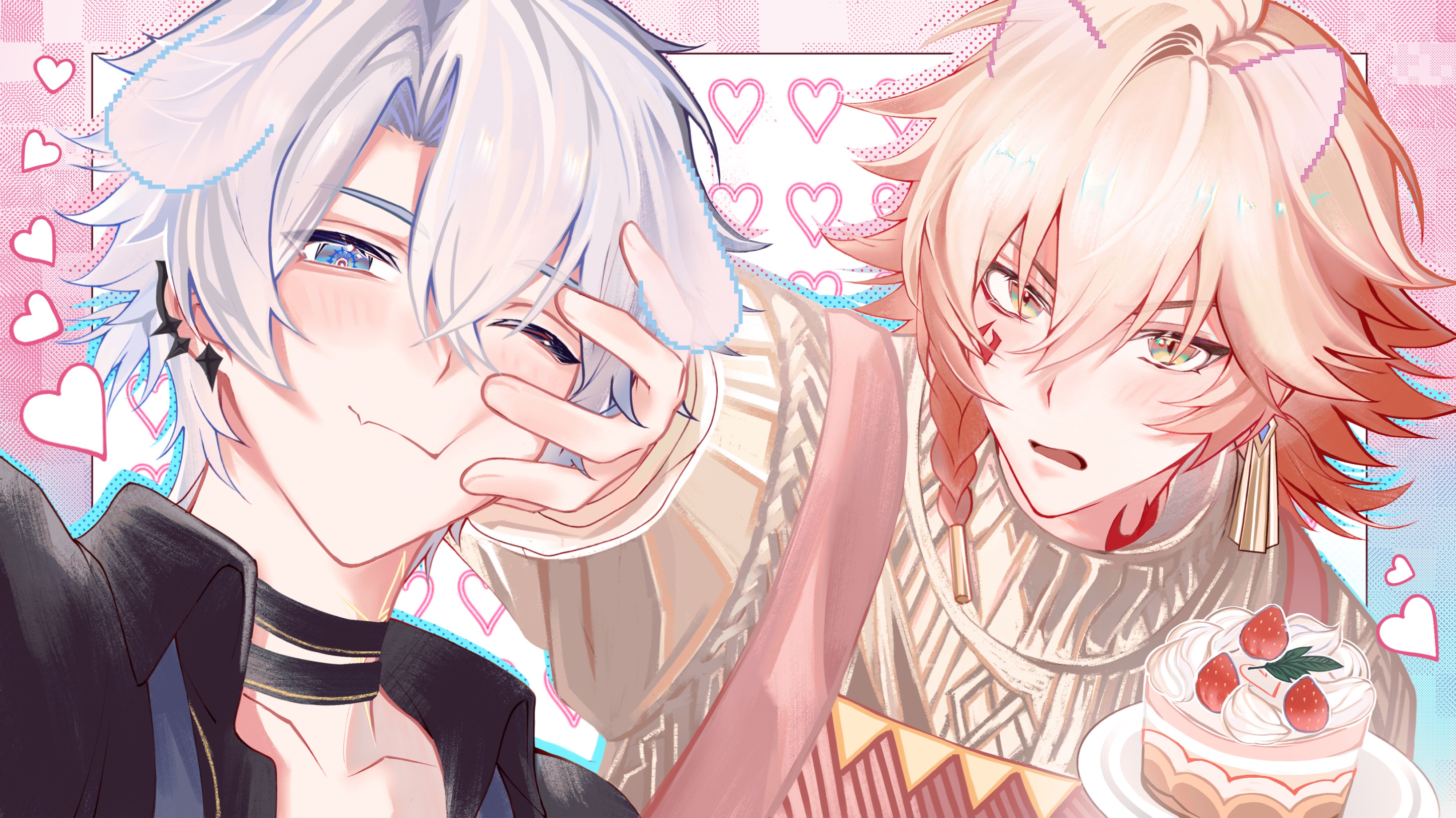 mydei (honkai: star rail), phainon (fashion) (honkai: star rail), phainon (honkai: star rail), honkai: star rail, honkai (series), absurdres, chinese commentary, commentary request, highres, 2boys, animal ears, antenna hair, apron, black choker, black shirt, blonde hair, blue eyes, blush, braid, brown sweater, cake, choker, dog boy, dog ears, earclip, facial tattoo, food, gradient hair, hair between eyes, male focus, medium hair, multicolored hair, multiple boys, neck tattoo, official alternate costume, parted bangs, pink apron, red hair, red tattoo, shirt, short hair, side braid, sweater, tattoo, white hair, xinjinjumin623876245871, yaoi, yellow eyes
