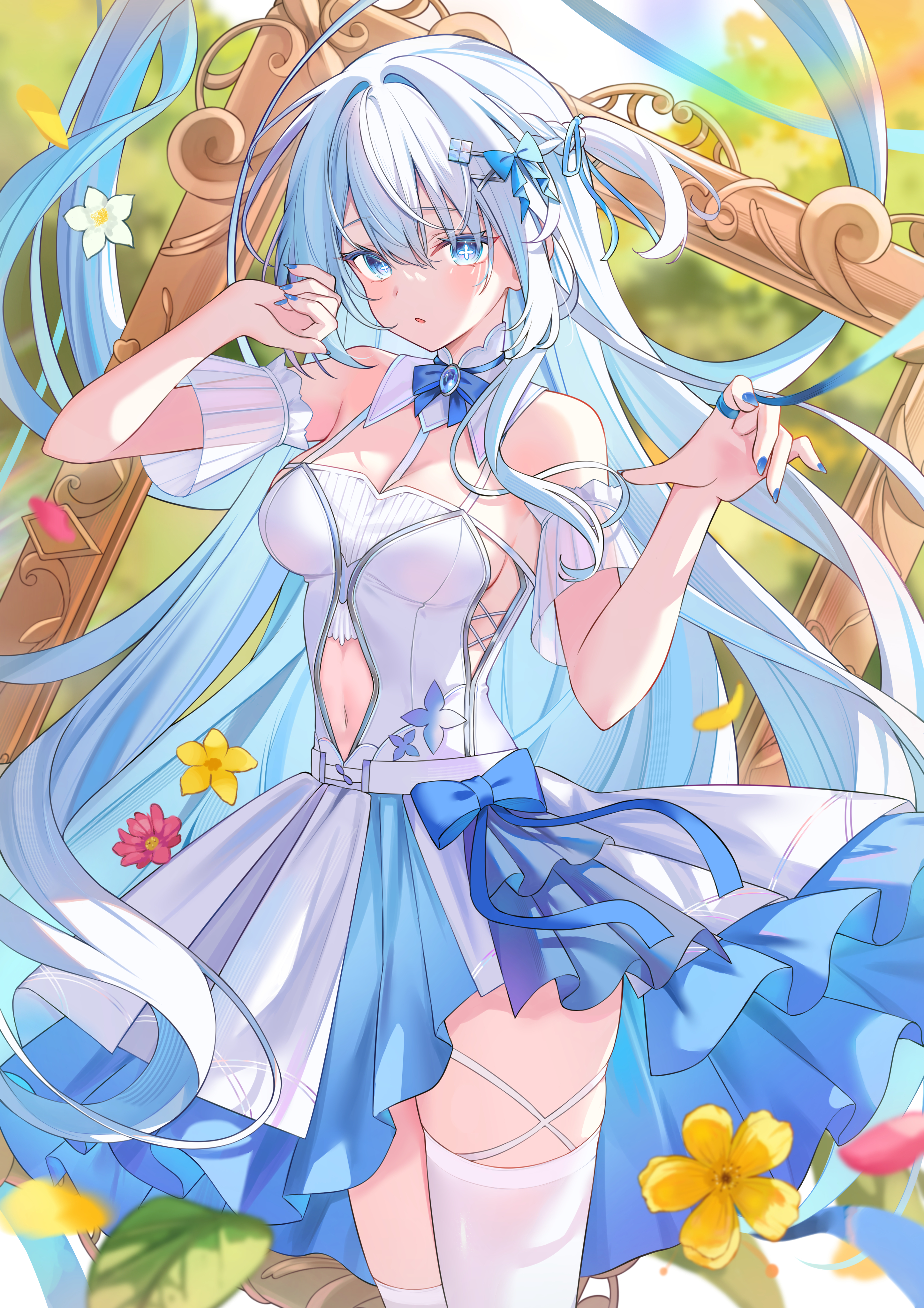 sora01o, original, absurdres, commentary, english commentary, highres, + +, 1girl, asymmetrical legwear, bare shoulders, between breasts, blue bow, blue bowtie, blue eyes, blue gemstone, blue hair, blue nails, bow, bowtie, braid, breasts, clothing cutout, cowboy shot, criss-cross strings, day, diamond hair ornament, dress, dress bow, flower, gem, hair between eyes, hair bow, hair intakes, hair ornament, hands up, leaf, lens flare, long hair, looking at viewer, medium breasts, nail polish, navel, navel cutout, one side up, open mouth, outdoors, picture frame, solo, standing, symbol-shaped pupils, thighhighs, thighs, very long hair, white thighhighs