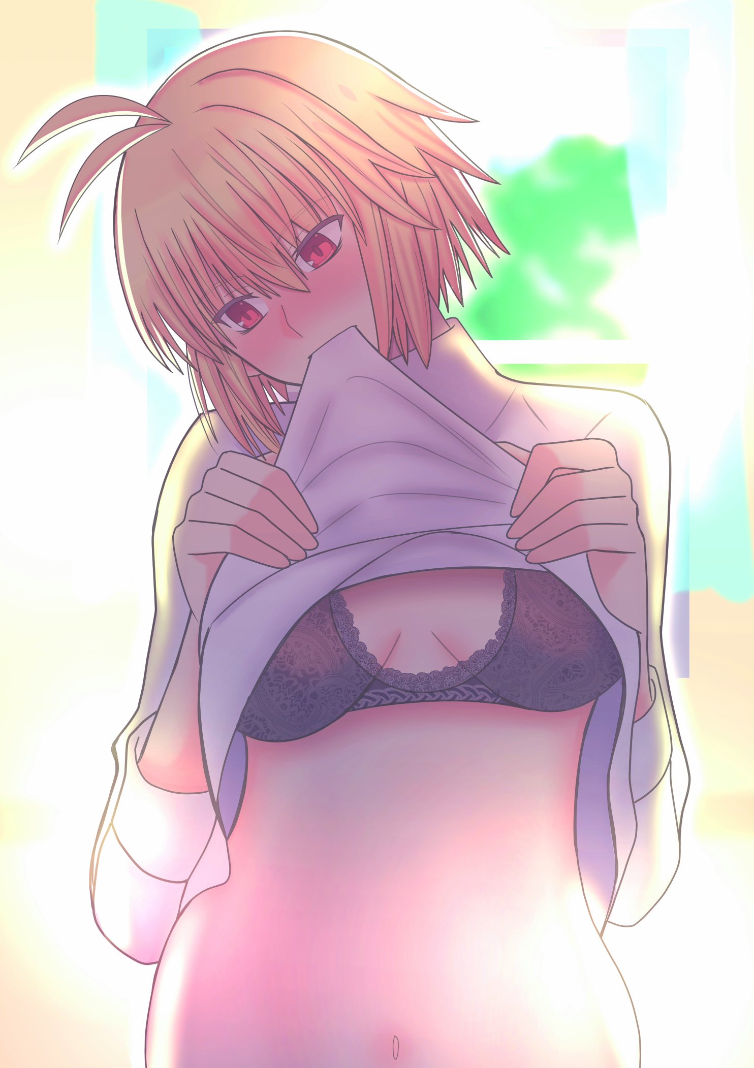 masatoshi ikeda (uug28aiuopy2six), arcueid brunestud, tsukihime, commentary, highres, 1girl, antenna hair, black bra, blonde hair, blush, bra, breasts, clothes lift, large breasts, mouth hold, navel, red eyes, shirt, shirt lift, short hair, solo, underwear, upper body, white shirt