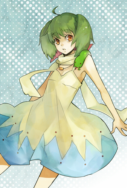 jan (12885), ai-kun, ranka lee, macross, macross frontier, bad id, bad pixiv id, 00s, 1girl, ahoge, dress, female focus, flat chest, green hair, scarf, short hair, solo