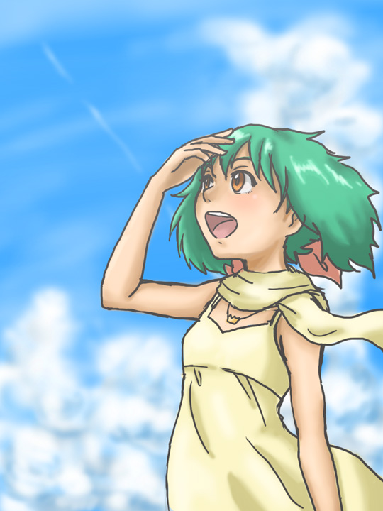 hirasawa meio, ranka lee, macross, macross frontier, hand on forehead, 00s, 1girl, :d, arm up, bare shoulders, blue sky, blush, brown eyes, cloud, day, dress, female focus, green hair, light rays, looking afar, open mouth, outdoors, scarf, sky, smile, solo, sunlight, yellow dress, yellow scarf