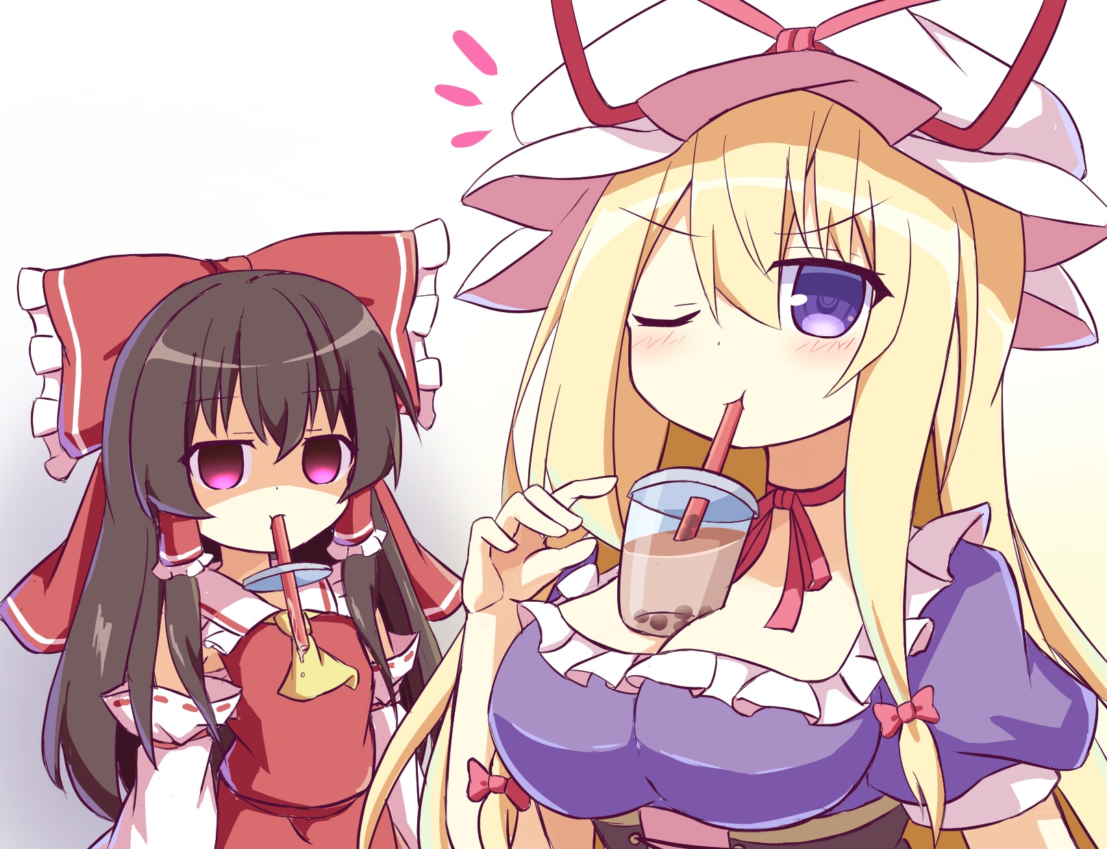 hakurei reimu, yakumo yukari, touhou, 2girls, blonde hair, bow, breast size comparison, brown hair, bubble tea, drinking, drinking straw, drinking straw in mouth, empty eyes, frilled bow, frilled hair tubes, frills, hair tubes, japanese clothes, long hair, miko, multiple girls, one eye closed, purple eyes, red shirt, ribbon, shirt, wink, ykmksmfln