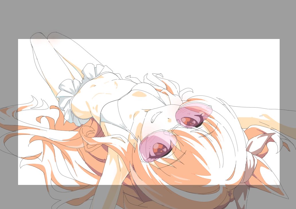 papiyon1297, mayano top gun (umamusume), umamusume, 1girl, bikini, bikini skirt, breasts, long hair, looking at viewer, lying, navel, on back, orange eyes, orange hair, small breasts, smile, solo, sunglasses, swimsuit, white bikini