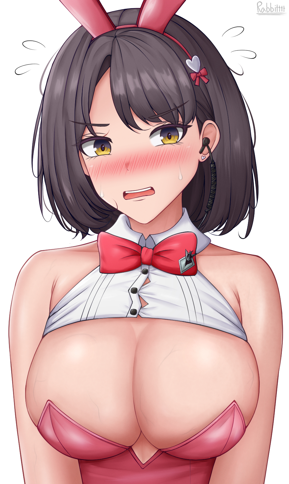 rabbitttt, milk (blooming bunny) (nikke), milk (nikke), goddess of victory: nikke, highres, 1girl, animal ears, black hair, blush, bow, bowtie, breasts, cleavage, earpiece, embarrassed, fake animal ears, large breasts, leotard, looking at viewer, official alternate costume, open mouth, pink bow, pink leotard, playboy bunny, rabbit ears, shiny skin, short hair, simple background, solo, undersized breast cup, upper body, veins, white background, yellow eyes