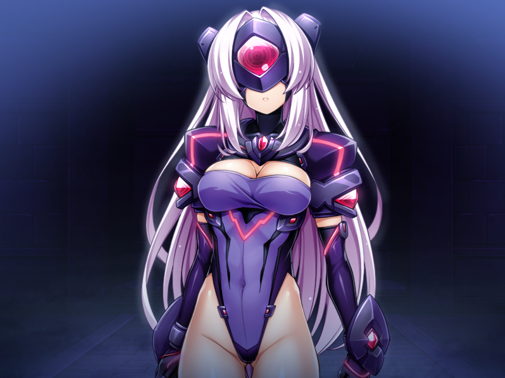 inoino, katsuragi marina, kouyoku senki exs-tia, game cg, non-web source, official art, variant set, 1girl, android, armor, black gloves, breasts, cleavage, cleavage cutout, closed mouth, clothing cutout, covered eyes, covered navel, cowboy shot, elbow gloves, expressionless, exs-slave, exs-slave alpha, facing viewer, gloves, glowing, gluteal fold, groin, head-mounted display, headgear, highleg, highleg leotard, large breasts, leotard, long hair, pauldrons, purple gloves, purple leotard, sangvis ferri, shoulder armor, solo, standing, thigh gap, vambraces, very long hair, white hair