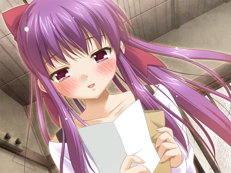 kani biimu, odajima kosuzu, aki no urara no akane-iro shoutengai, 1girl, blush, female focus, happy, indoors, letter, purple eyes, purple hair, solo, tears