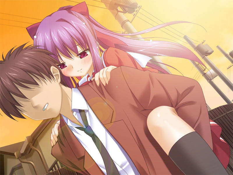 kani biimu, odajima kosuzu, odajima kousuke, aki no urara no akane-iro shoutengai, game cg, 1boy, 1girl, blush, brother and sister, carrying, hair ribbon, happy, kneehighs, piggyback, ponytail, purple eyes, purple hair, ribbon, siblings, sky, socks