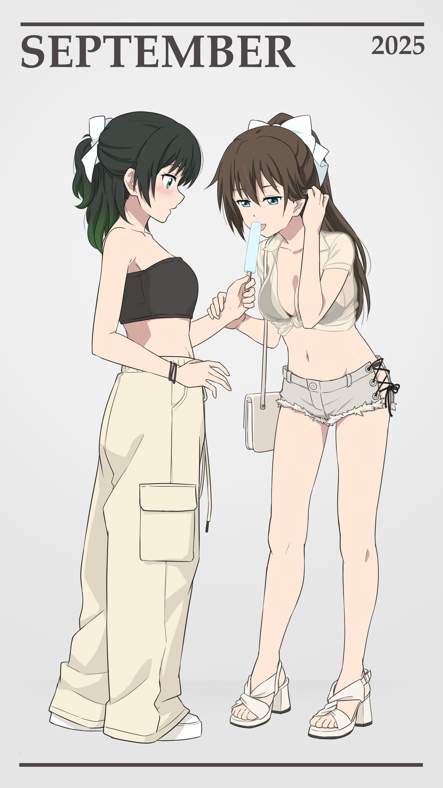 laofuzi dai bansho, love live!, love live! nijigasaki high school idol club, absurdres, highres, 2025, 2girls, alternate hairstyle, bag, baggy pants, bare arms, bare legs, bare shoulders, bikini, black bikini, black tube top, blue eyes, blush, breasts, brown hair, calendar (medium), criss-cross strings, food, full body, green eyes, hair ribbon, half-closed eyes, hand in own hair, hand on another's wrist, high heels, holding, holding food, holding ice cream, ice cream, jacket, leaning forward, licking, licking foot, long hair, medium breasts, medium hair, midriff, multiple girls, navel, open mouth, pants, ponytail, popsicle, ribbon, see-through clothes, see-through jacket, september, sexually suggestive, short ponytail, short shorts, shorts, shoulder bag, sideboob, standing, strapless, swimsuit, tongue, tongue out, tube top, two-tone background, yuri