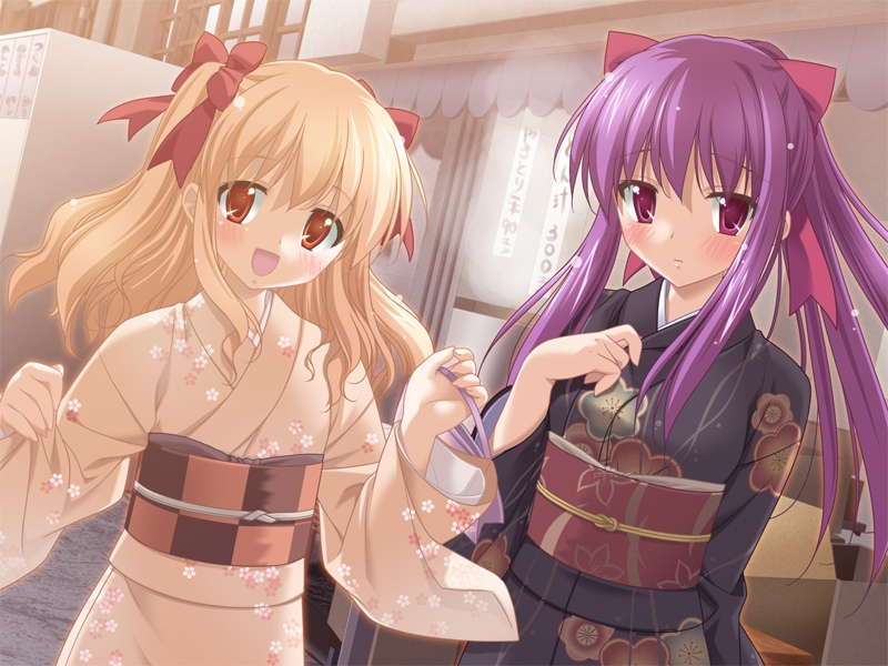 kani biimu, odajima kosuzu, odajima mayu, aki no urara no akane-iro shoutengai, game cg, 2girls, blonde hair, blush, hair ribbon, happy, japanese clothes, kimono, multiple girls, purple eyes, purple hair, ribbon, siblings, sisters, twintails