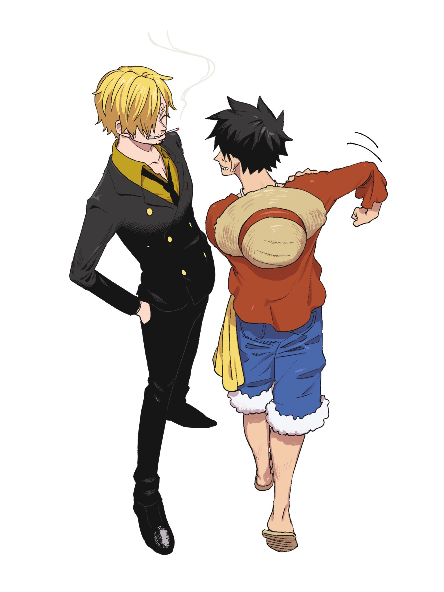 u uown, monkey d. luffy, sanji (one piece), one piece, commentary request, highres, 2boys, black hair, black jacket, black necktie, black pants, black shoes, black suit, blonde hair, blue shorts, buttons, cigarette, closed eyes, collared shirt, curly eyebrows, double-breasted, dress shoes, facial scar, formal clothes, full body, grin, hair over one eye, hand on own shoulder, hat, jacket, long sleeves, male focus, motion lines, multiple boys, necktie, one eye covered, open collar, pants, parted hair, red shirt, sandals, sash, scar, scar on cheek, scar on face, shirt, shoes, shorts, smile, smoke, smoke trail, smoking, standing, straw hat, suit, suit jacket, teeth, unworn headwear, white shirt, wing collar, yellow sash
