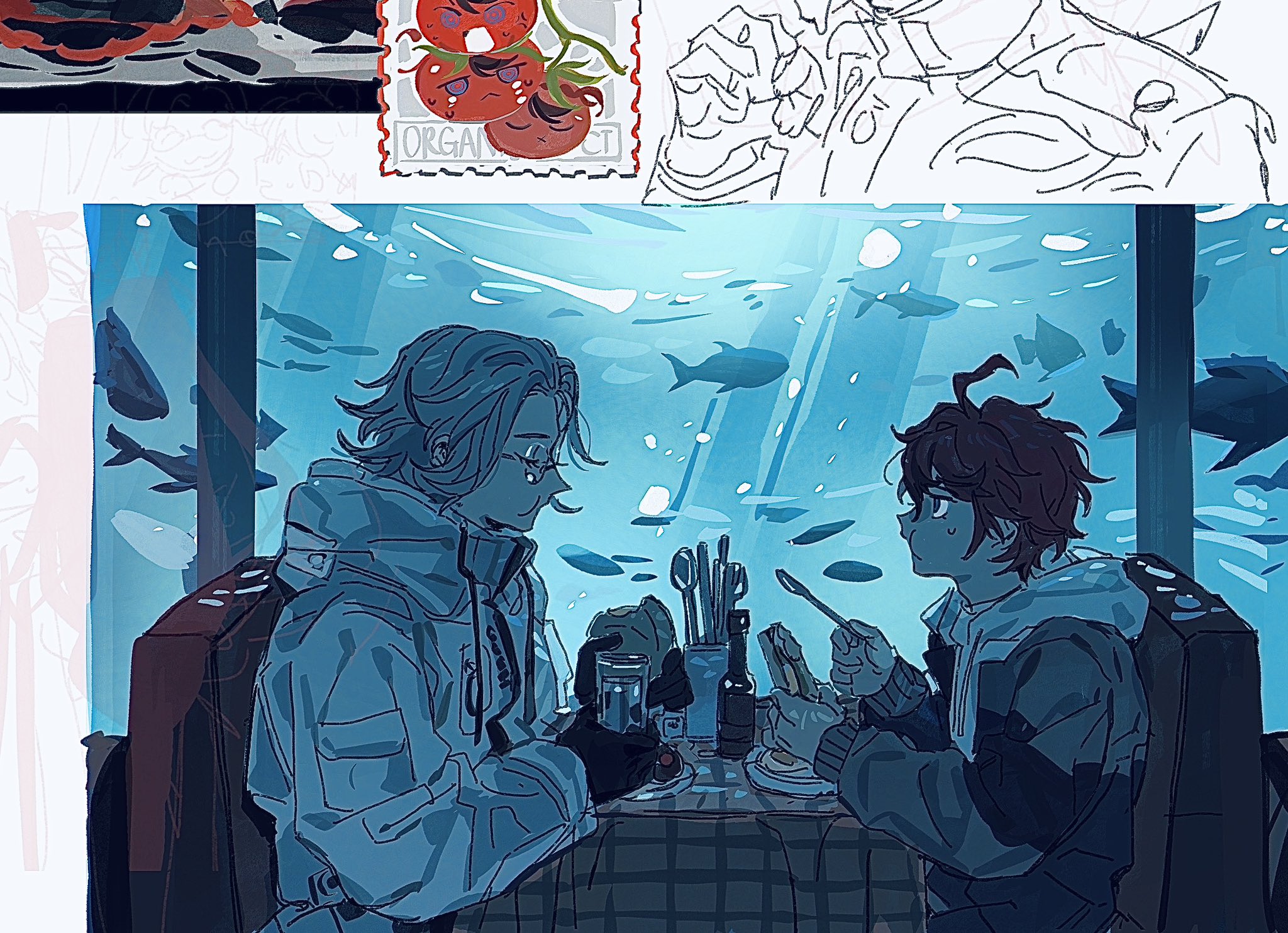 lenereco, aotsuki eito, sumino takumi, the hundred line -last defense academy-, highres, 2boys, ahoge, black gloves, black jacket, black streaks, blue eyes, booth seating, bottle, chewing, closed eyes, collage, cup, eating, facing another, fish, food, foodification, fork, glasses, gloves, grey hair, grey jacket, holding, holding cup, holding food, holding fork, holding sandwich, hood, hoodie, jacket, looking at another, male focus, multicolored hair, multiple boys, plate, red hair, restaurant, sandwich, short hair, sitting, streaked hair, table, tomato, water, white hoodie, white jacket