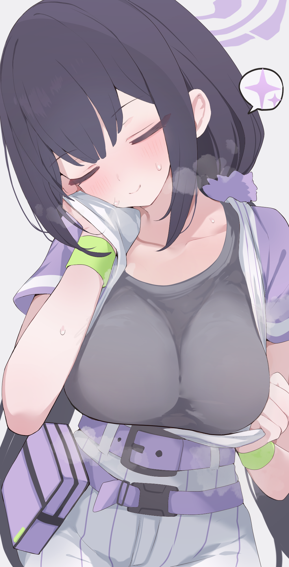hone kawa, sumire (blue archive), sumire (part-time) (blue archive), blue archive, commentary, highres, 1girl, belt, black hair, breasts, closed eyes, closed mouth, grey shirt, halo, large breasts, long hair, low twintails, official alternate costume, purple belt, purple halo, shirt, short sleeves, shorts, smile, solo, speech bubble, spoken sparkle, twintails, white shorts