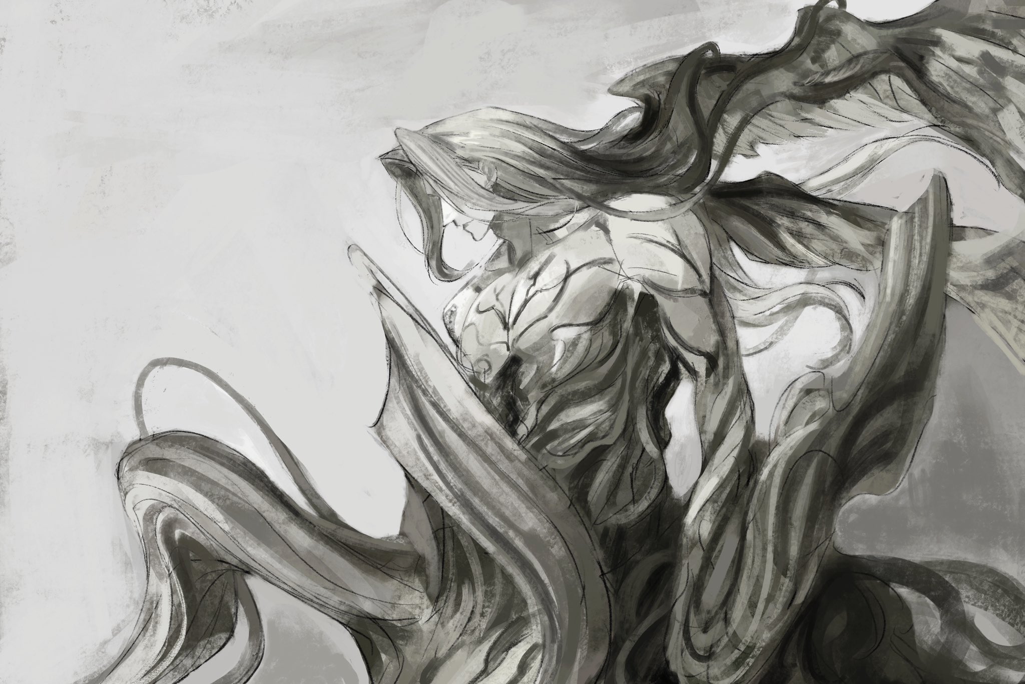 xscr1205, safer sephiroth, sephiroth, final fantasy, final fantasy vii, commentary, english commentary, highres, 1boy, body markings, feathered wings, greyscale, hair over eyes, light smile, long bangs, long hair, looking down, male focus, monochrome, parted bangs, solo, topless male, upper body, wings