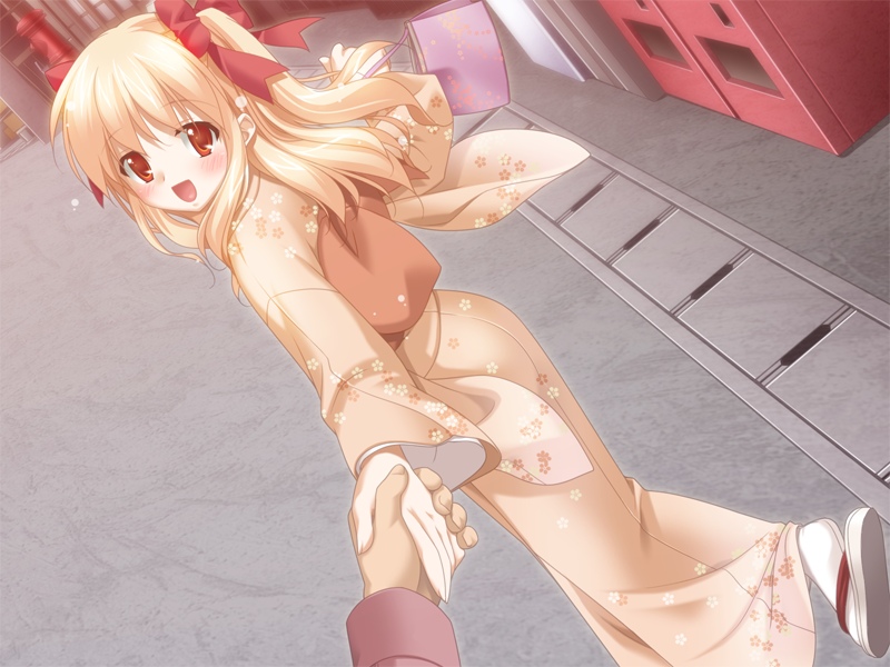 kani biimu, odajima kousuke, odajima mayu, aki no urara no akane-iro shoutengai, game cg, 1girl, blonde hair, blush, dutch angle, hair ribbon, happy, holding hands, japanese clothes, kimono, male hand, ribbon, solo focus