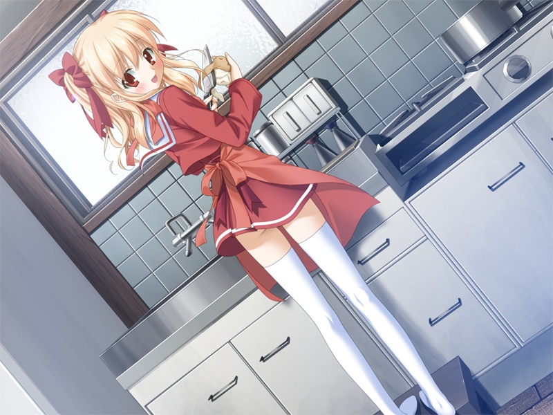 kani biimu, odajima mayu, aki no urara no akane-iro shoutengai, game cg, 1girl, apron, blonde hair, blush, cooking, feet, female focus, hair ribbon, happy, kitchen, long legs, peeling, ribbon, school uniform, serafuku, solo, thighhighs, twintails, zettai ryouiki