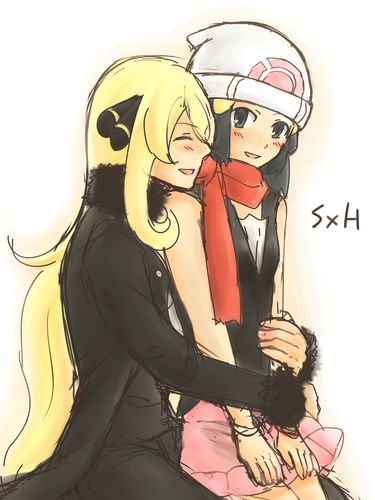 cynthia (pokemon), dawn (pokemon), nintendo, pokemon, pokemon dppt, fur, artist request, lowres, 00s, 2girls, age difference, beanie, black eyes, black hair, blonde hair, blush, closed eyes, hands on lap, hat, hug, lap, long hair, multiple girls, onee-loli, red scarf, scarf, simple background, skirt, white background, yuri