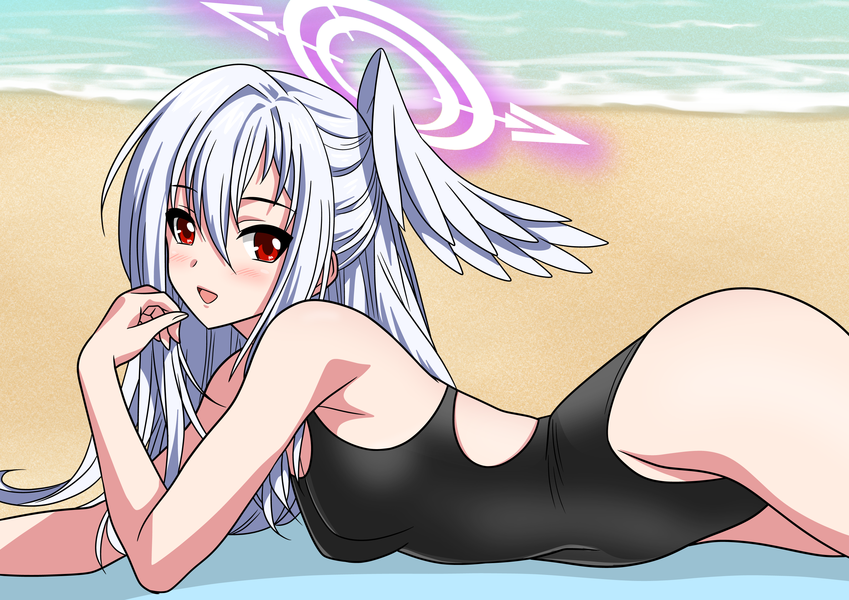 yuuyuu (3jjbn), suzumi (blue archive), blue archive, highres, 1girl, beach, black one-piece swimsuit, breasts, competition swimsuit, covered navel, cowboy shot, hair between eyes, head wings, highleg, highleg one-piece swimsuit, long hair, looking at viewer, lying, medium breasts, on stomach, one-piece swimsuit, racerback, red eyes, single head wing, smile, solo, swimsuit, waves, white hair, wings
