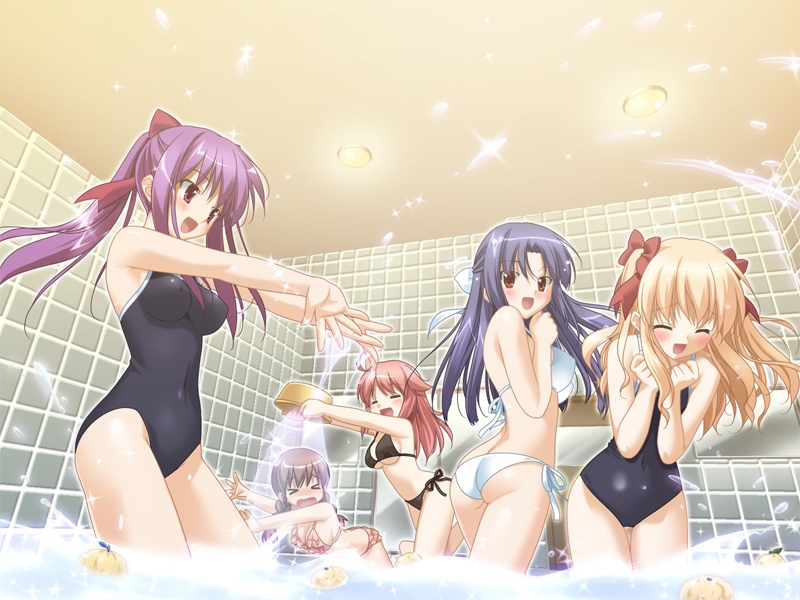kani biimu, haneda yoshimi, kaneda ayu, miyamori chimari, odajima kosuzu, odajima mayu, aki no urara no akane-iro shoutengai, game cg, > <, 5girls, = =, ^ ^, ass, bath, bikini, blonde hair, blue hair, blush, bucket, closed eyes, competition school swimsuit, covered navel, everyone, frilled bikini, frills, hair ribbon, happy, long hair, multiple girls, one-piece swimsuit, pink hair, ponytail, purple hair, red eyes, ribbon, same-sex bathing, school swimsuit, shared bathing, side-tie bikini bottom, splashing, swimsuit, tiles, twintails, water