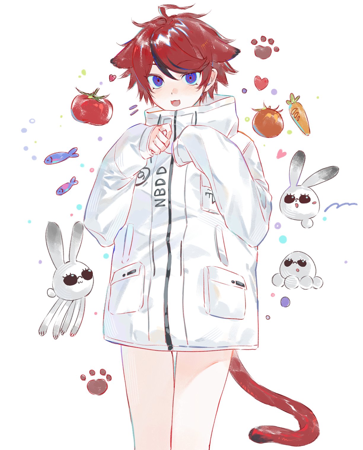 aotsuki eito, sumino takumi, the hundred line -last defense academy-, commentary, highres, symbol-only commentary, 1boy, :3, :d, ahoge, animal ears, animalization, aotsuki eito (cosplay), black streaks, blue eyes, breast pocket, carrot, cat boy, cat ears, cat tail, chi bu92189, cosplay, cowboy shot, extra ears, eyewear on animal, fish, food, fruit, hands up, jacket, kemonomimi mode, looking at viewer, male focus, multicolored hair, no pants, octopus, open mouth, orange (fruit), paw print, pocket, rabbit, red hair, short hair, smile, solo, streaked hair, sunglasses, tail, tomato, white background, white jacket