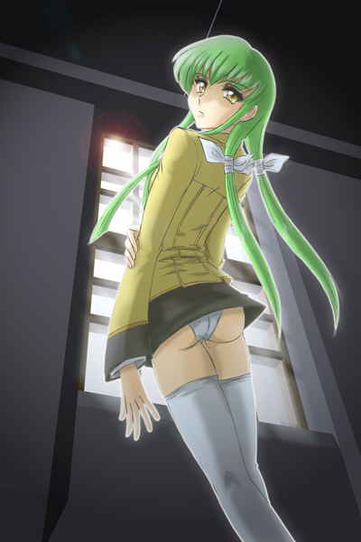 c.c., code geass, 00s, ass, green hair, panties, pantyshot, school uniform, serafuku, solo, thighhighs, twintails, underwear