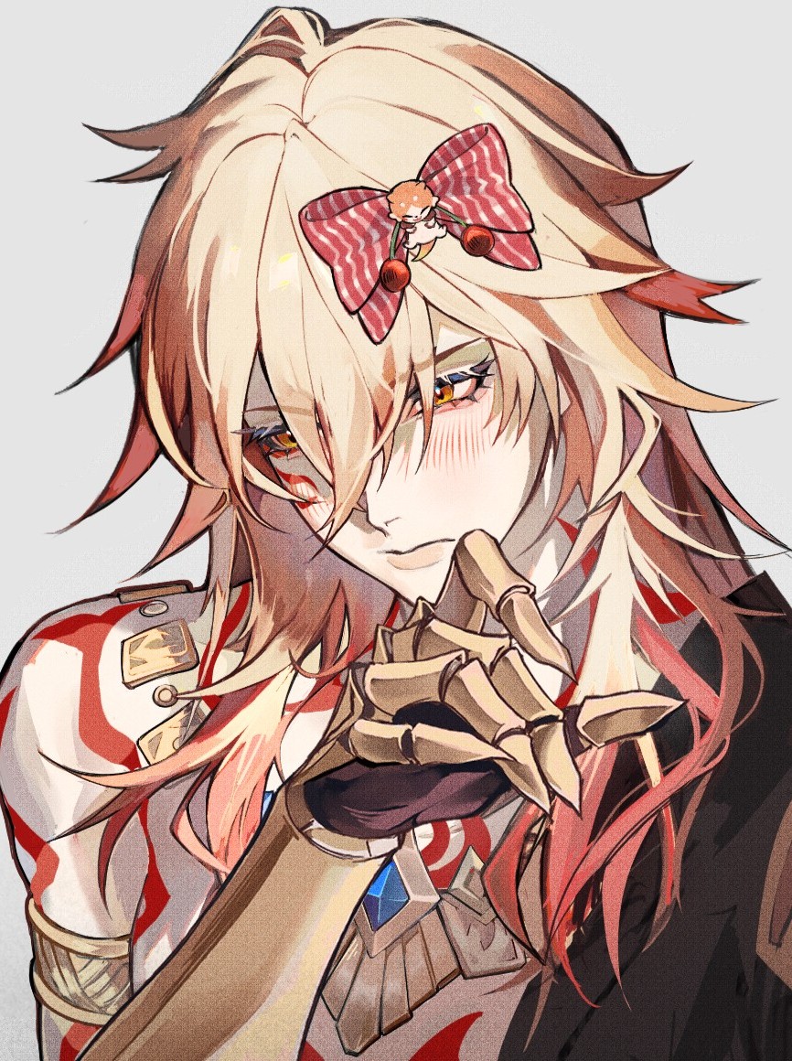 mydei (honkai: star rail), honkai: star rail, honkai (series), commentary, english commentary, 1boy, 223491as, arm tattoo, armlet, black coat, blonde hair, blush, chest tattoo, clawed gauntlets, coat, facial tattoo, gradient hair, grey background, jewelry, long hair, looking at viewer, male focus, multicolored hair, mydei (fig stew) (honkai: star rail), open clothes, open coat, pink ribbon, red hair, red tattoo, ribbon, simple background, solo, tattoo, upper body, yellow eyes