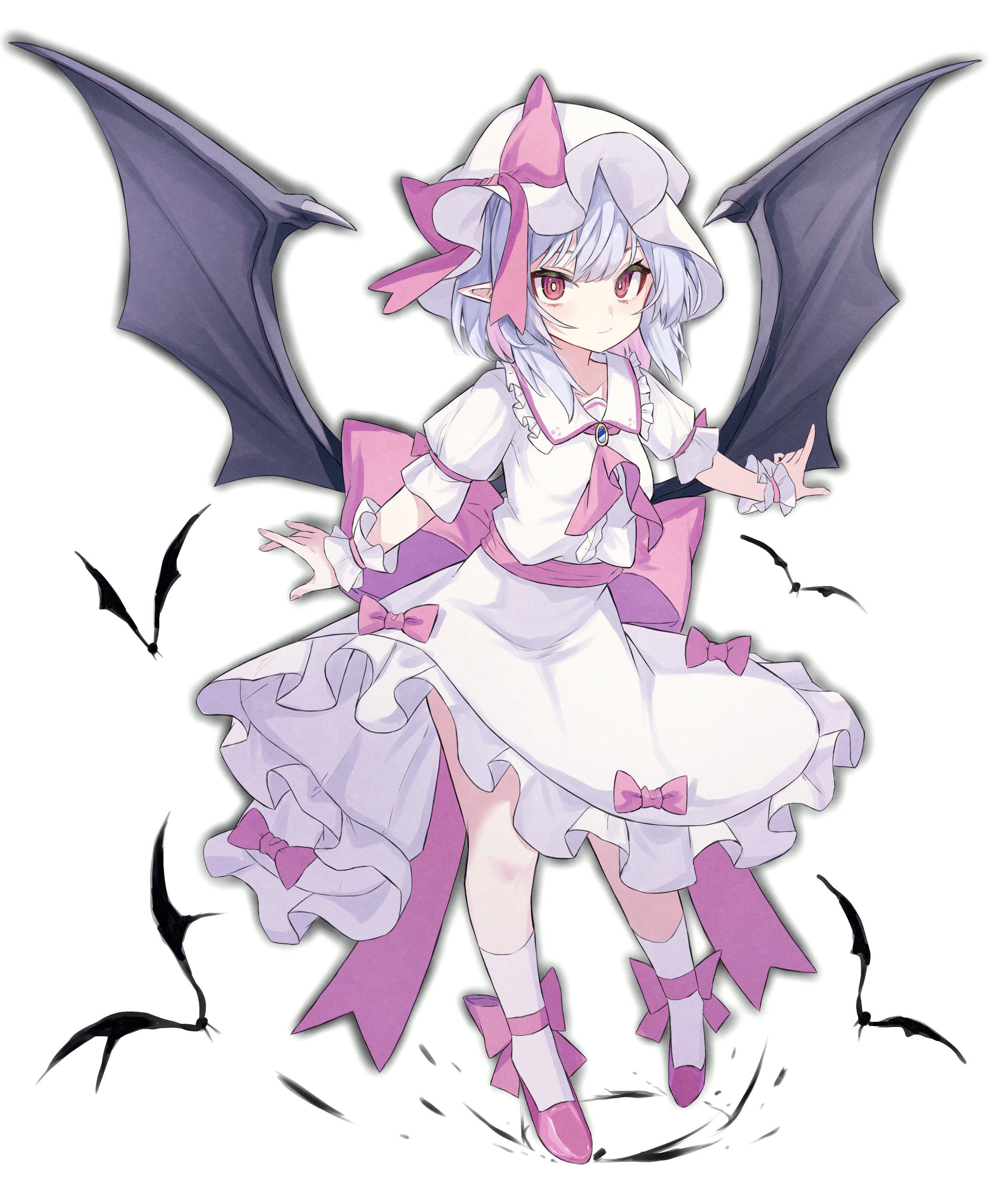 katsukare, remilia scarlet, touhou, absurdres, commentary, highres, 1girl, animal, back bow, bat (animal), bat wings, bow, dress, dress bow, frilled dress, frills, full body, hat, hat bow, mob cap, outstretched arms, pink bow, pink eyes, pink shoes, pointy ears, puffy short sleeves, puffy sleeves, red eyes, shoes, short hair, short sleeves, simple background, socks, solo, spread arms, vampire, white background, white dress, white socks, wings